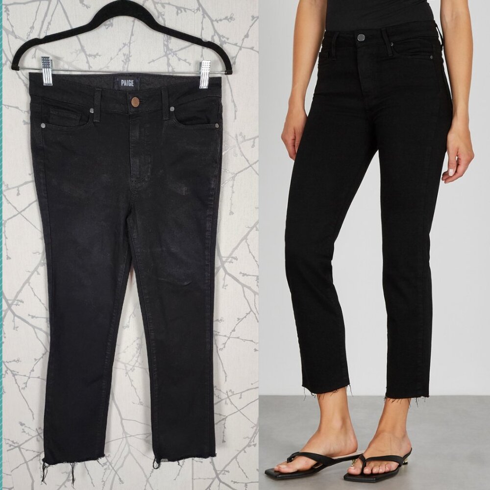 Paige Black Stretch Jacqueline High Rise Straight Crop Jeans Raw Hem